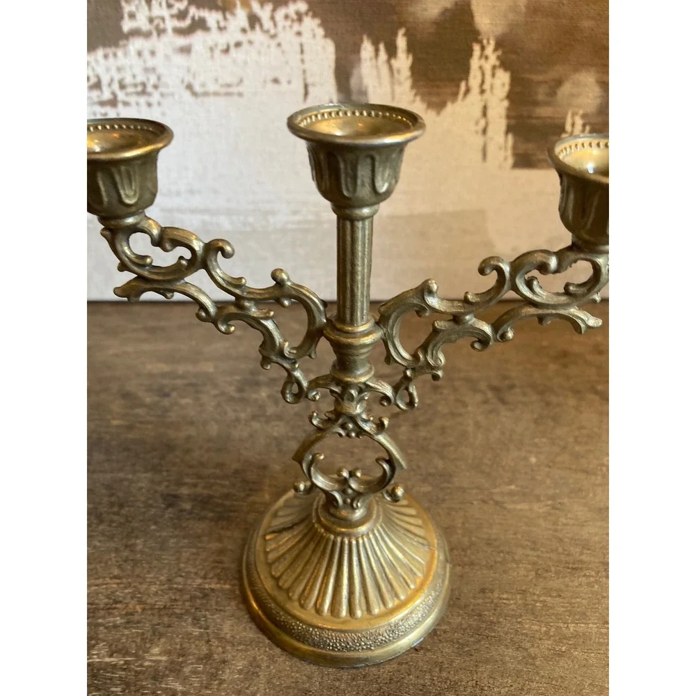 Vintage Brass 3 Arm Candelabra Pair Scroll French Baroque Taper Holders 6in